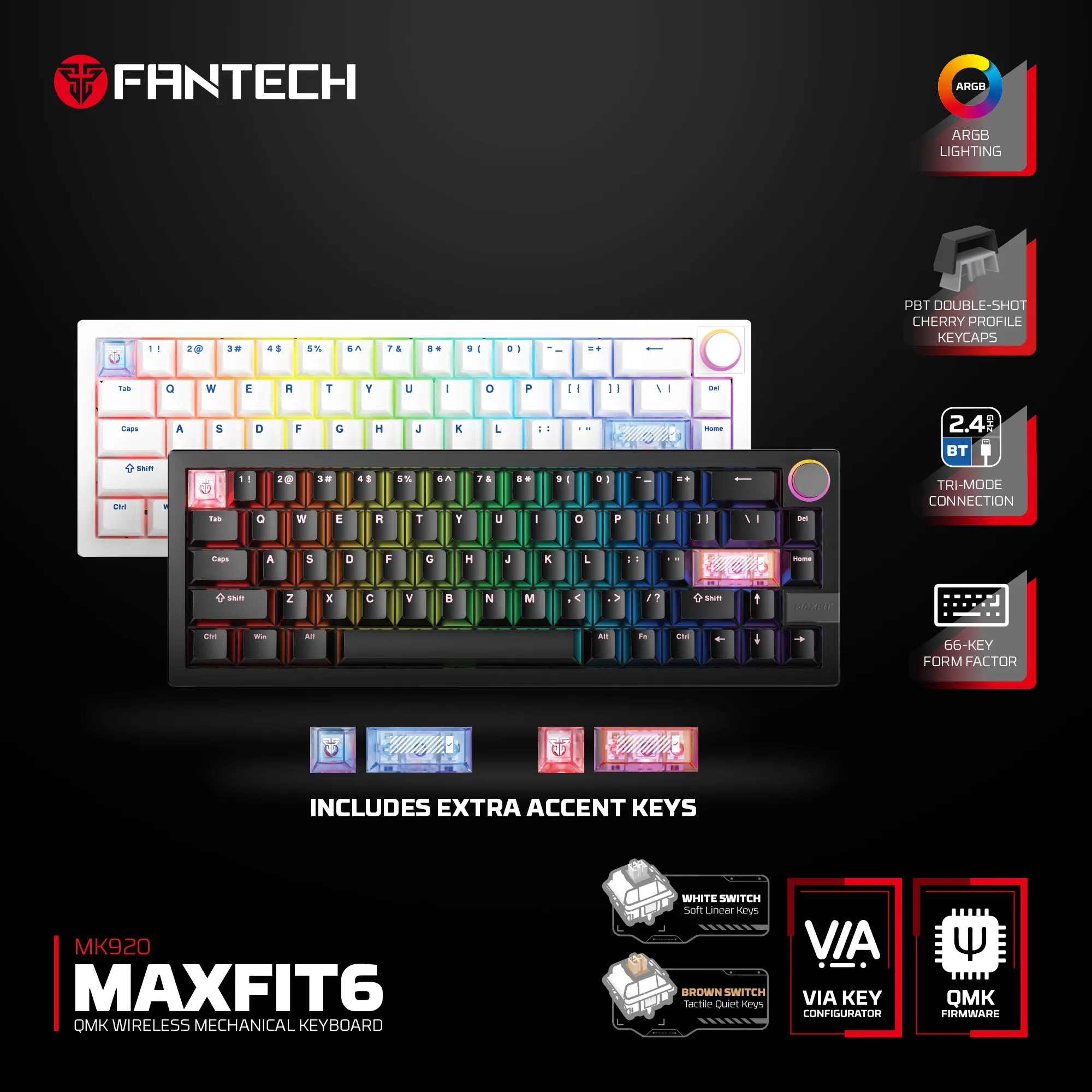 FANTECH MK920 MAXFIT6 Three-Mode Wireless Mechanical Hot-swappable RGB Backlit  Extra Accent Keys for PC Gamer Gaming Keyboard