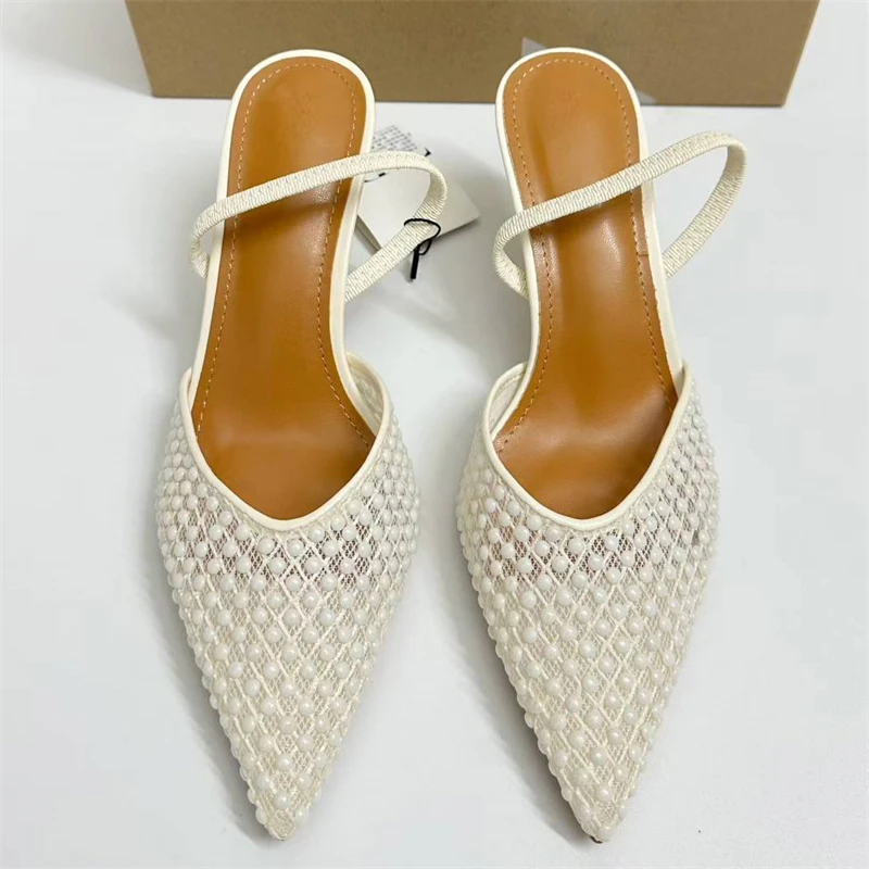New Design Pearl Breathable Mesh Women Pumps Sexy Thin High Heels Pointed Toe Mule Shoes Fashion Banquet Prom Sandals view 4