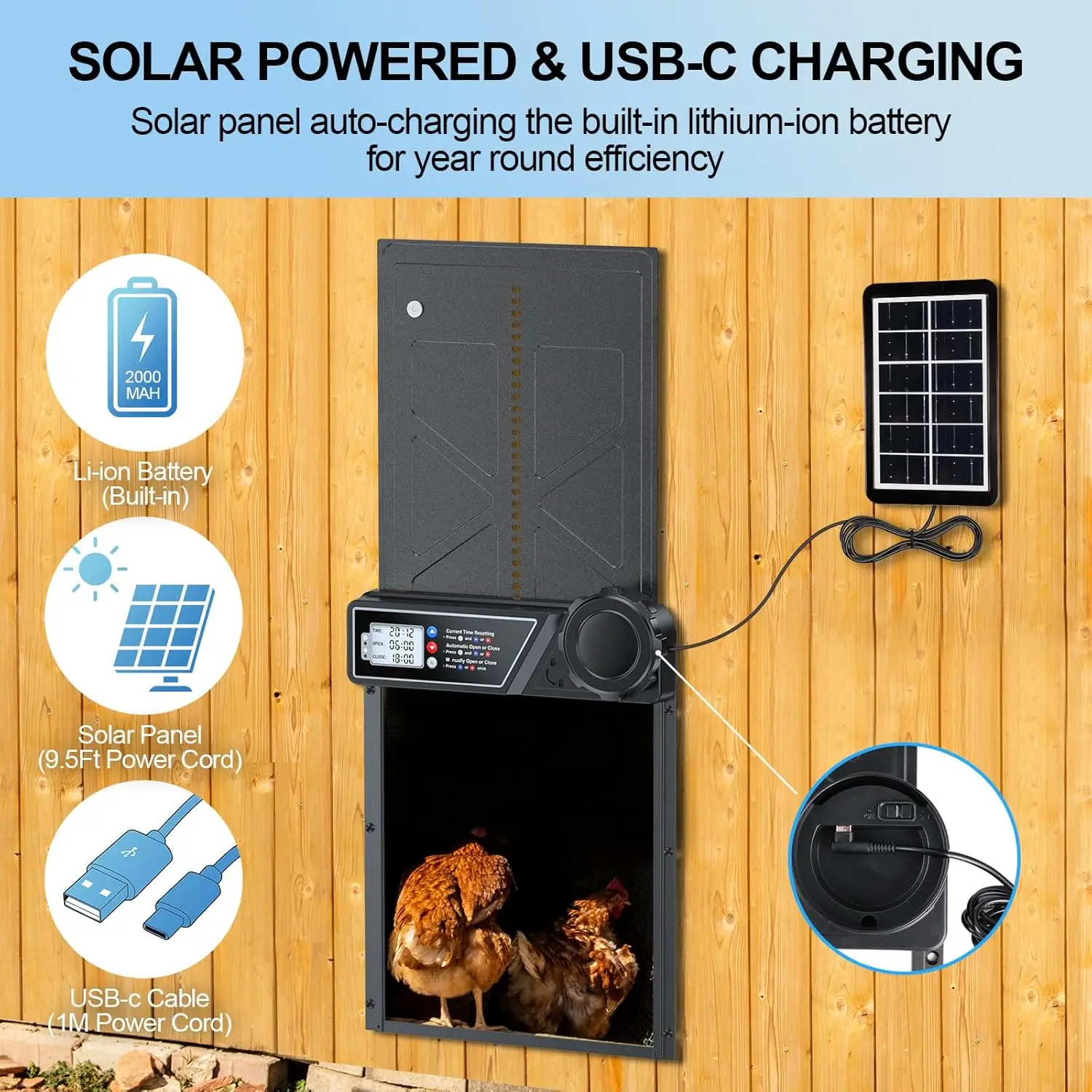 Solar Automatic Henhouse Door Anti-Pinch with Timer Durable Aluminum Alloy Chicken Coop Entrance for Protection