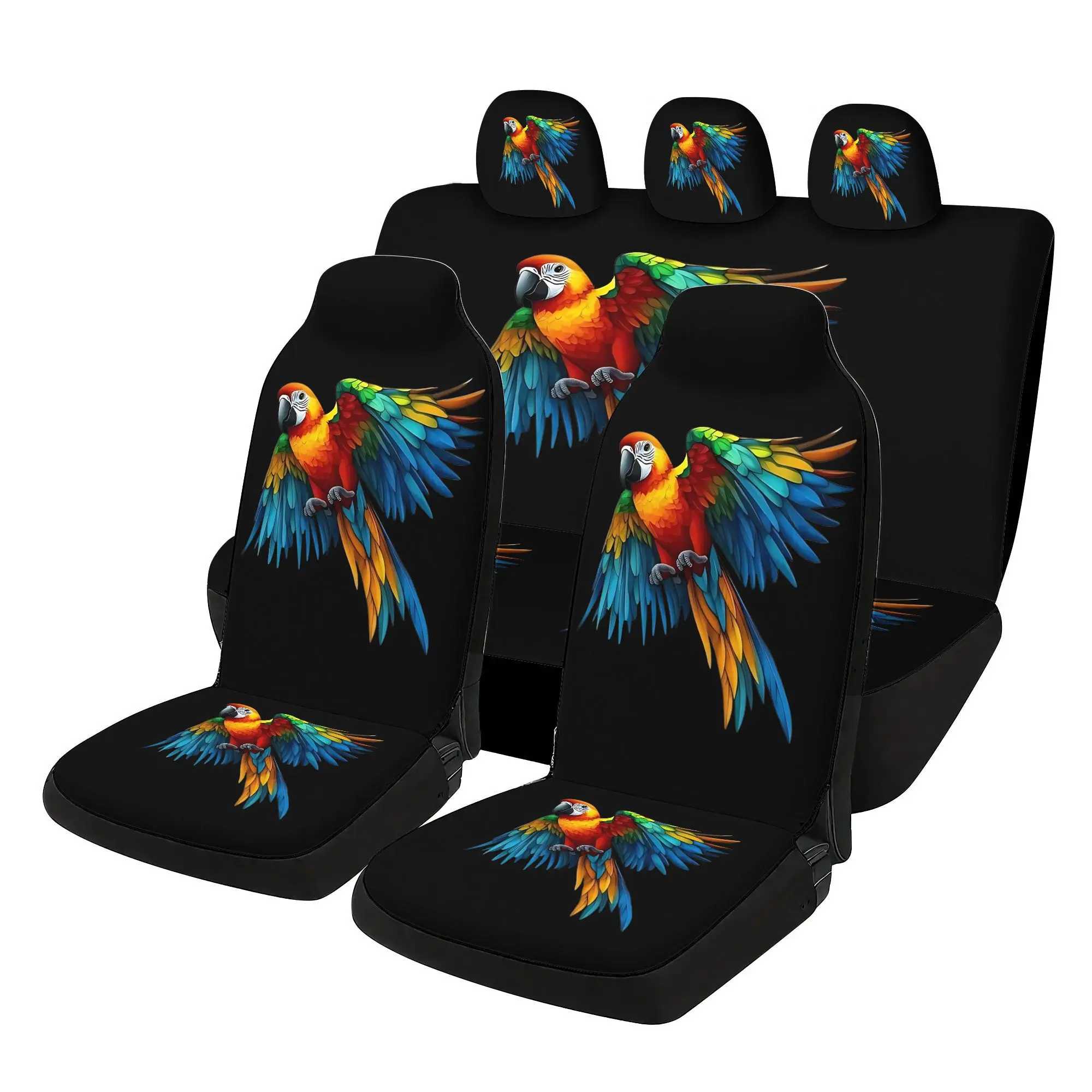 7pcs Flying Scarlet Macaw Parrot Universal Car Seat Covers With Prints Including 2 Front Seat Covers+ 1 Rear Seat Back Cover + 1