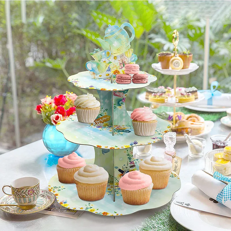 

Spring Flower Tea Party Flower Teapot Green Cupcake Stand for Girls Birthday Wedding Cake Cardboard Display Decorations