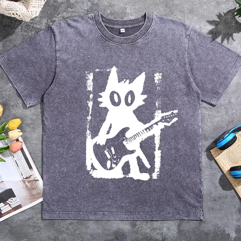 Rock Star Cat T-Shirt Vintage Washed Kitten Y2K TShirt Rock and Roll Cat Guitar Kitty Tee Punk Music Lover Clothes Oversized