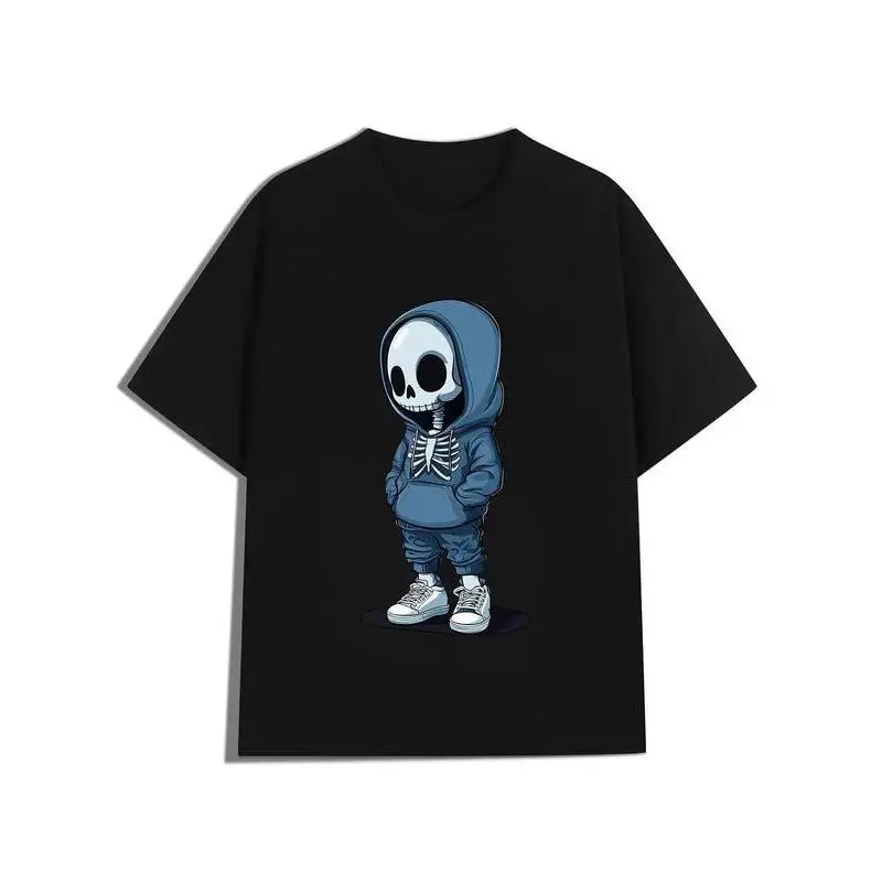 

Funny Skeleton Hoodie T-Shirt, Cute Skull Graphic Tee, Spooky Short Sleeve Tops for Halloween & Streetwear