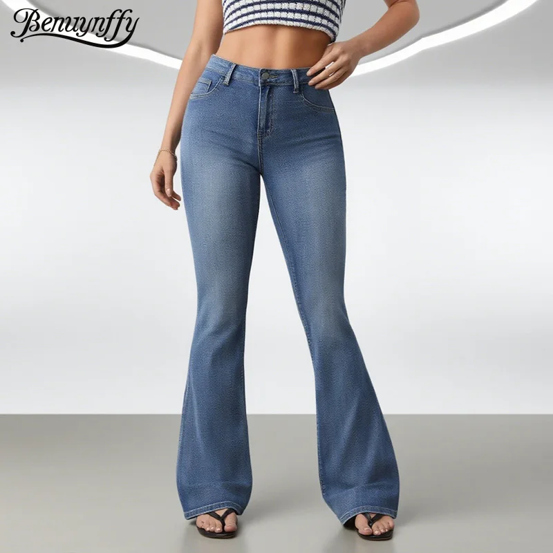 Benuynffy شارع خمر عالية الخصر مضيئة الجينز المرأة موضة سليم صالح عادية كل مباراة الدنيم السراويل الإناث جرس قيعان
