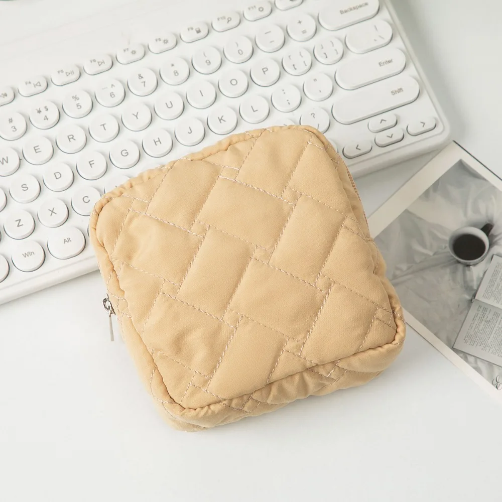 

Solid Color Quilted Cotton Storage Bag Travel Organizer Portable Cosmetic Bag Mini Multifunctional Storage Earphone Coin Bag