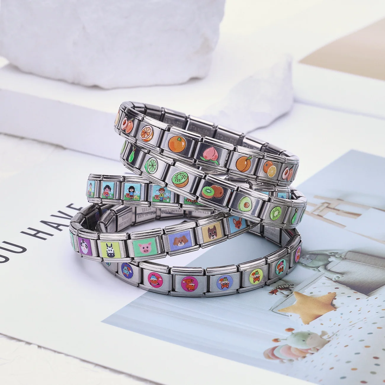 New Artistic Pattern Element Mix-color Italian Charms link Stainless Steel Module Bracelets for Woman Men DIY Fashion Jewelry