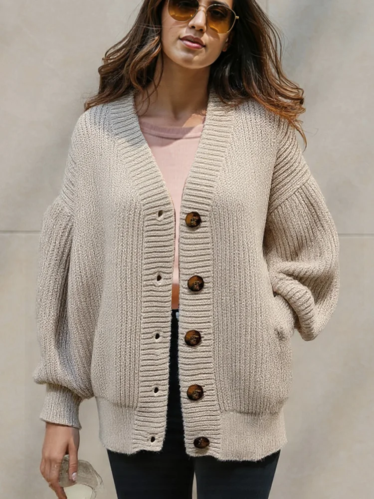 

Autumn Winter Casual Loose Lantern Sleeve Knitted Cardigan Sweater Women New Fashion Long Sleeve Bottons Long Sweater Coat