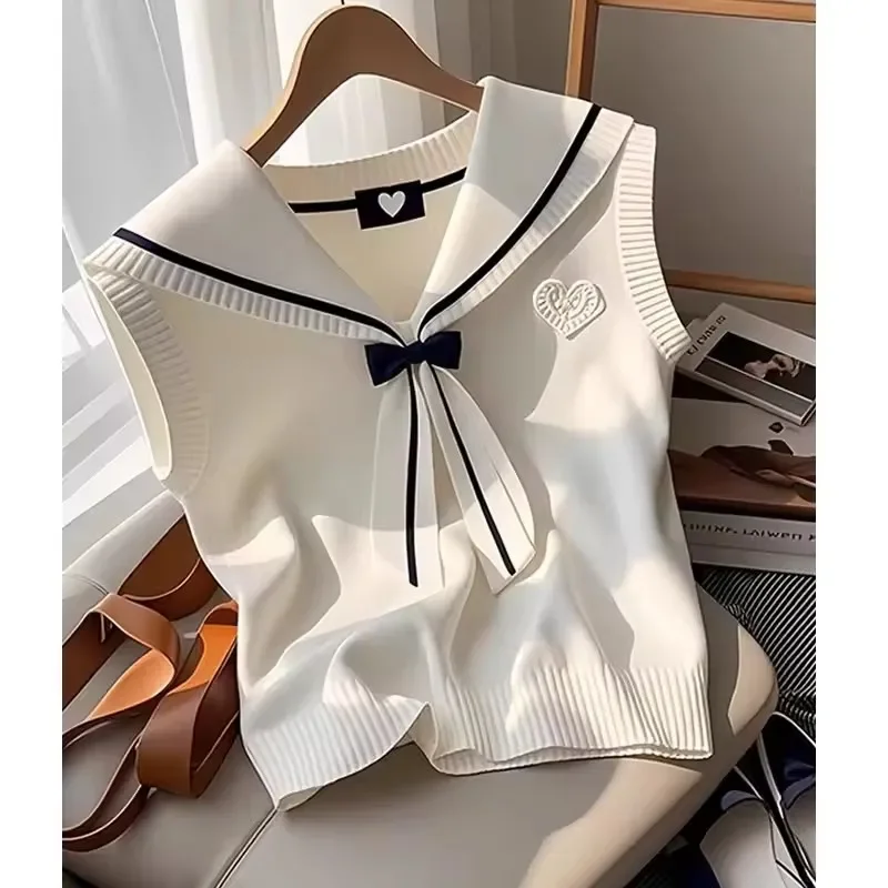 

2025 New Summer Chic Bow Vintage Commute Pullovers Tank Top Fashion Sweet Sailor Collar Knitted Vest Camisole Women