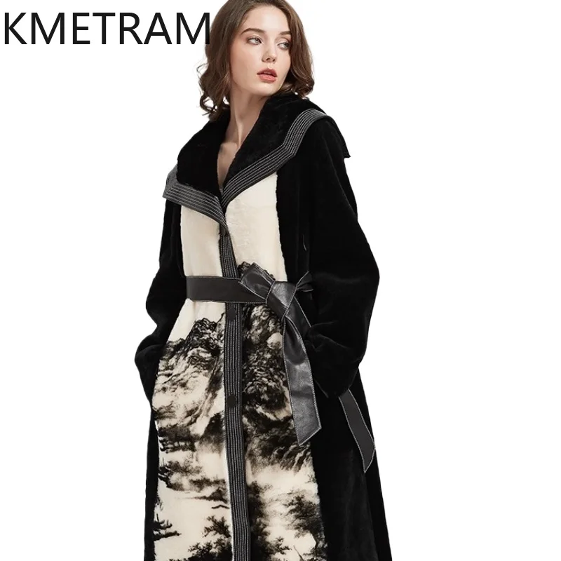 KMETRAM 100% Natural Sheepskin with Wool Atttached Fur Coat Long Warmth 2025 Winter Women Printed Jacket manteaux hiver femme