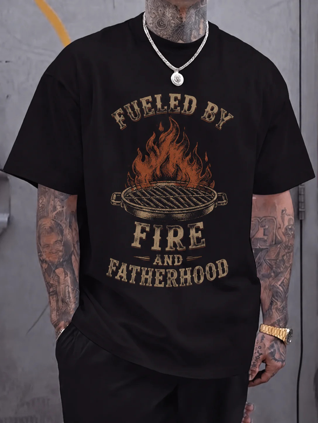 

Men Graphic t Shirt Short Sleeve Classic Fit Vintage Retro Grill Flame Print Fatherhood Dad Tee Bbq Theme Streetwear Outdoor