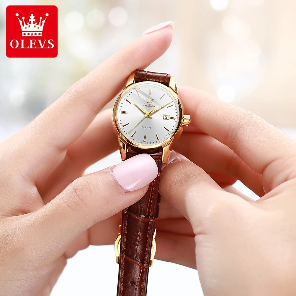 OLEVS 6898 ควอตซ์นาฬิกาแฟชั่นของขวัญ Round-dial สายนาฬิกาหนังแท้นาฬิกาข้อมือปฏิทิน Luminous