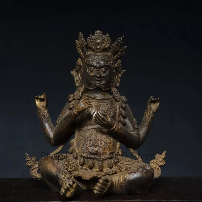 

27cm Tibetan Brass Mud Gold Scattered Vermilion Sand Buddha Gala Four Arm Avalokitesvara Buddha Statue