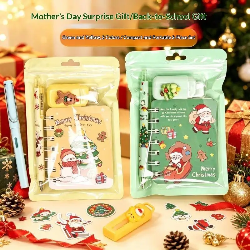 New Christmas Stationery Set 3 In 1 Notebook Gel Pen Christmas Keychain Santa Snowflake Design Kids Gift