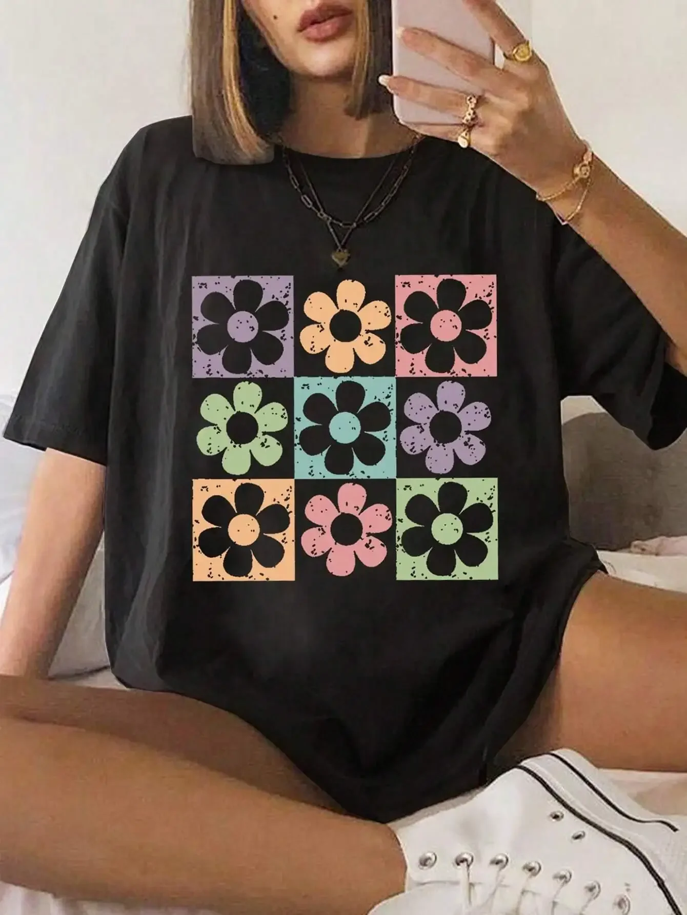 Women Tshirt Street Hip Hop Short Sleeve Oversized Tee Shirt Casual Cotton Clothes Nine Chrysanthemums Of Different Colors