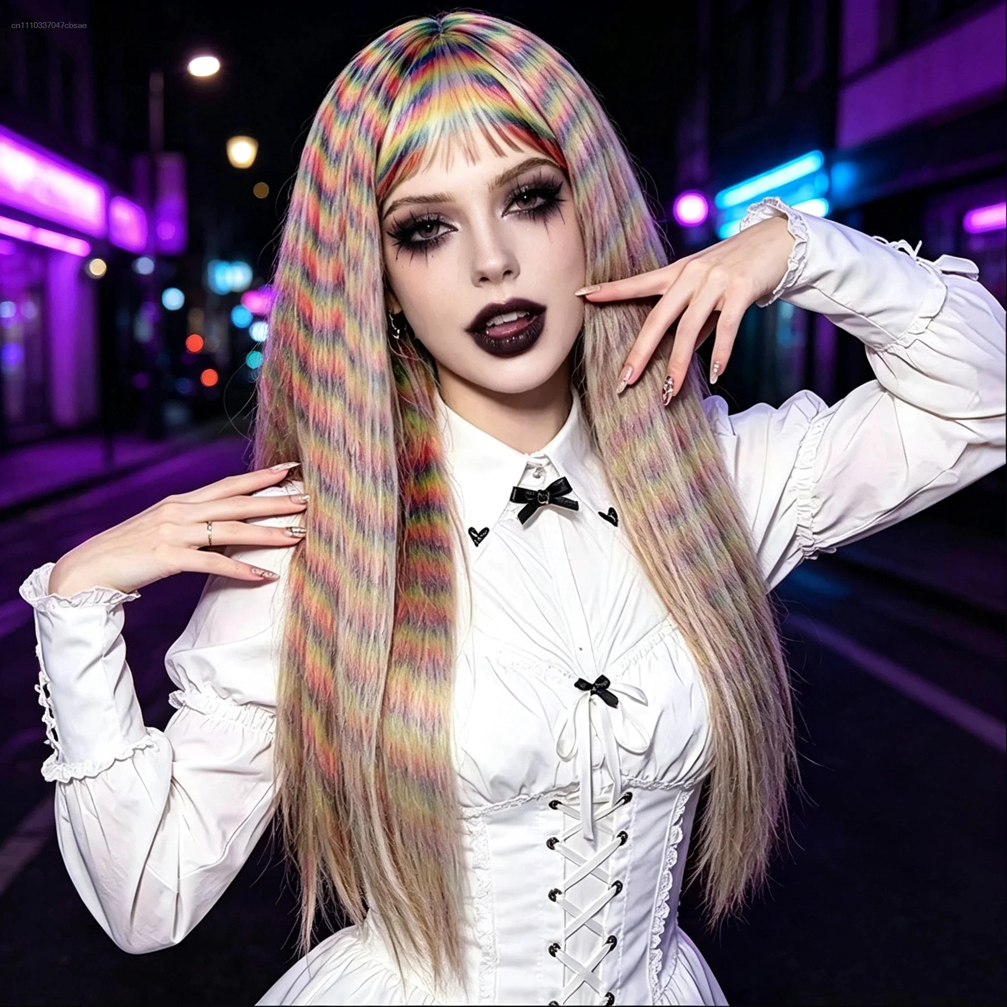Rainbow Gradient Stripe Long Synthetic Wig With Bangs Colorful Hippie Women Carnival Halloween Party Festival Cosplay Accessory