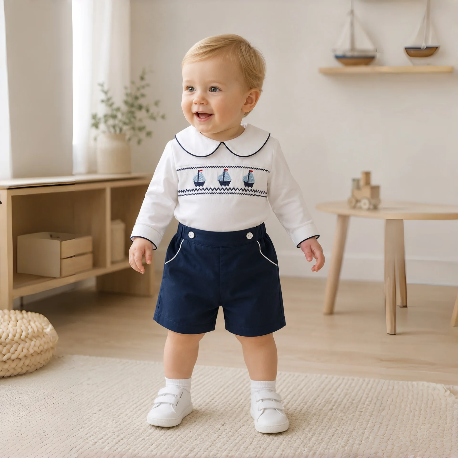 2-teiliges Sommer-Boutique-Kleidungsset für Babys, Smockboot-Design für Kleinkinder, Alltagskleid, Kleinkind, Schuluniform, Baumwollanzug