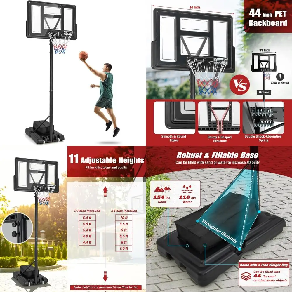 

Adjustable Outdoor Basketball Hoop System with 44" Shatterproof Backboard and Portable Design for 4.4-10 FT Courts
