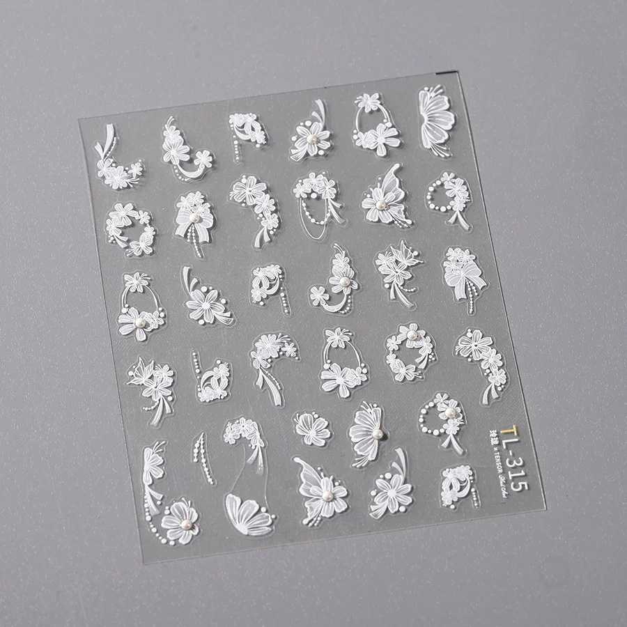 Perle papillon branche feuilles ligne 5D auto-adhésif Nail Art décorations autocollant manucure décalcomanies pétales blancs fleur floraison