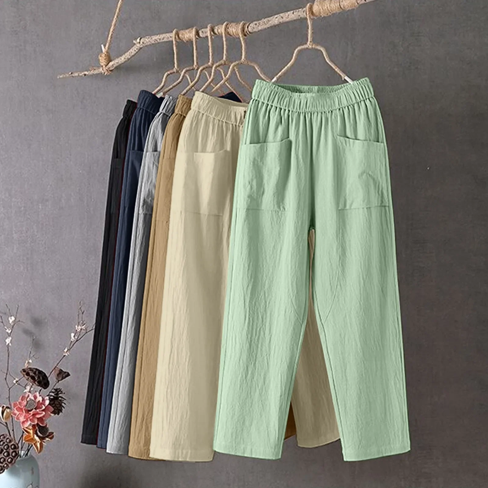 

Ankle-Length Cotton Linen Harem Pants Summer Baggy Elastic High Waist Straight Pantalons Casual Loose Womens Trousers 2024 New