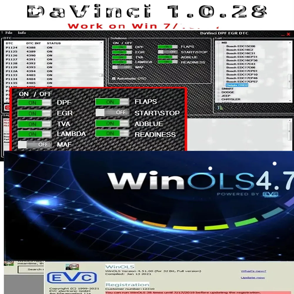 Davinci 소프트웨어 및 WinOLS 4.7 수리 진단, 무한 사용 활성화, WIN7, 10, 11pro, Ultimate에서 작동, 1.0.28