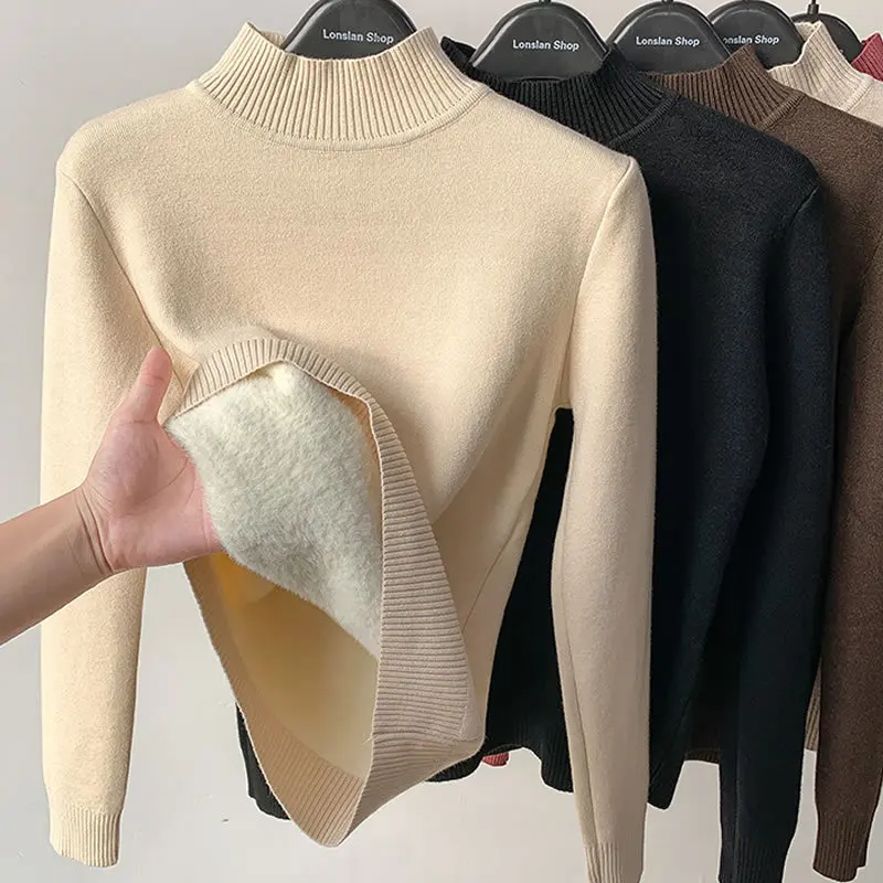 

Sueter Slim Fit Pullover Tops Jumper Winter Women Clothes Solid Color Knitted Thick Fleece Turtleneck Sweater Lined Warm