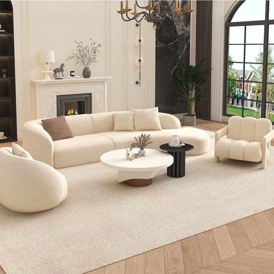 #Cream-colored Lambswool Three Seat Fabric Sofa Modern Minimalist Curved Reception Sofa Living Rooms Hotel Lobbies Set