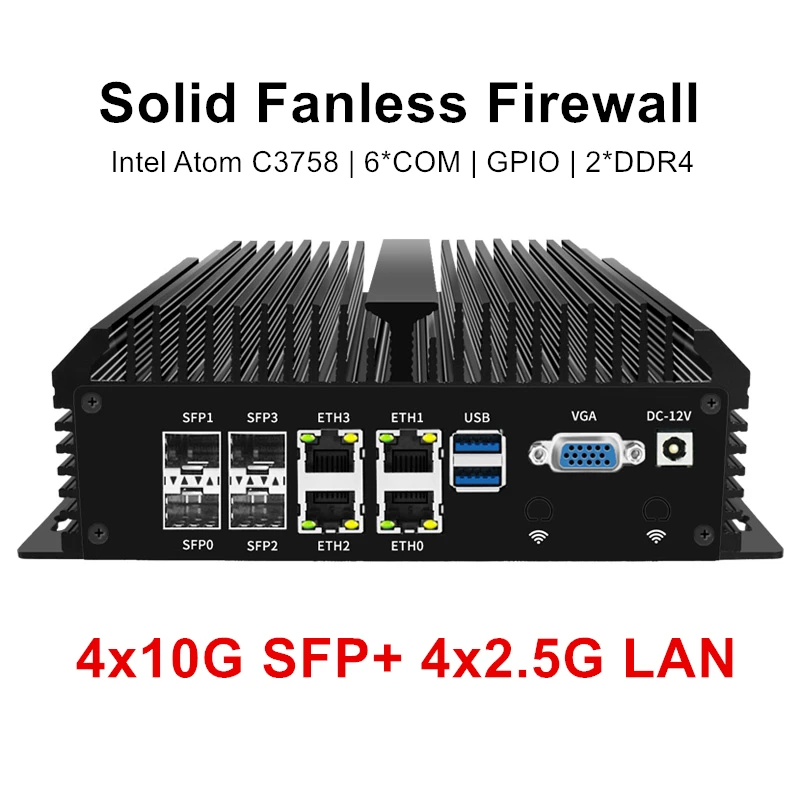 Solid Fanless Mini PC 4x10G SFP+ 4xi226-V 2.5G LAN Firewall Intel Atom C3758 8 Core Home Server Soft Router GPIO 6*COM AES-NI