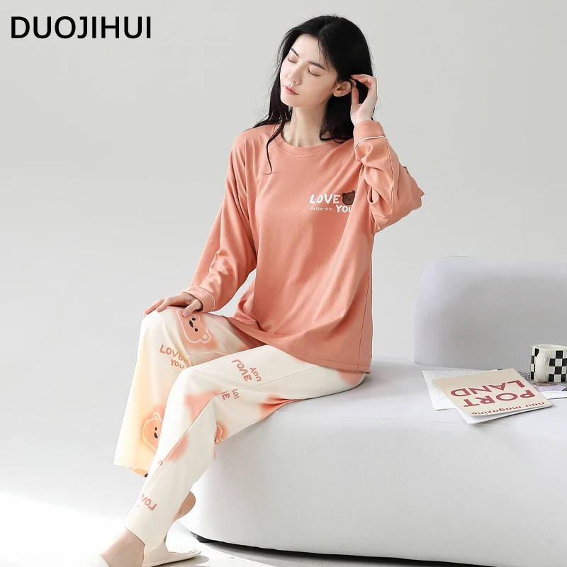 DUOJIHUI Fashion Print Loose Casual Home Pajamas Set Autumn New Simple Pullover Loose Pant Chic Pocket Sweet Female Pajamas Set