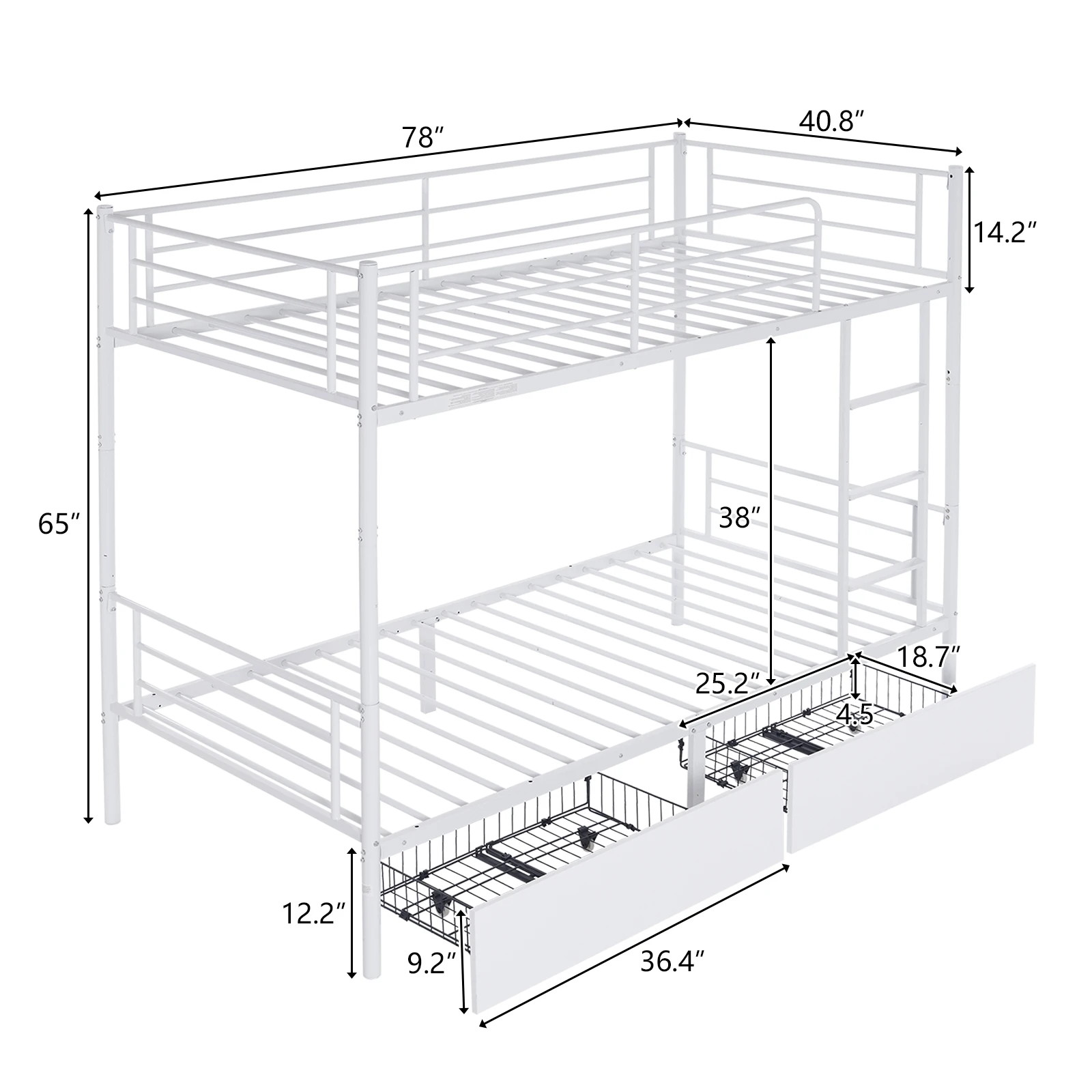 Twin Over Twin Convertible Bunk Bed with 2 Storage Drawers, Metal Bunk Bed Can be Divided Into Two Daybeds, White