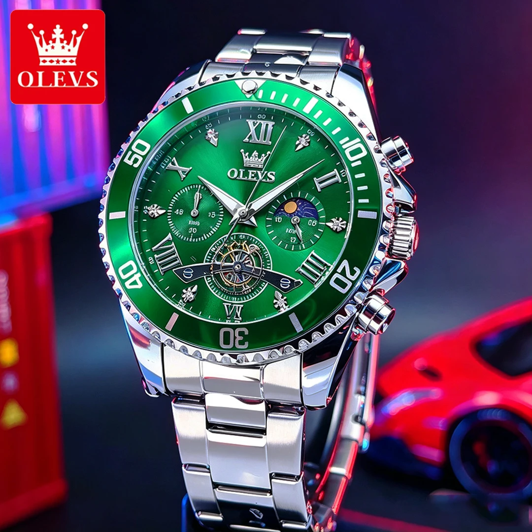 OLEVS Men's Watches Classic Fashion Original Quartz Wristwatch Flywheel Chronograph Moon Phase Diving Timing Bezel Waterproof