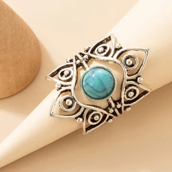 Tocona Vintage Silver Color Hollow Geoemtry Single Ring for Women Men Green Crystal Stonle Alloy Party Jewelry Anillo 20148