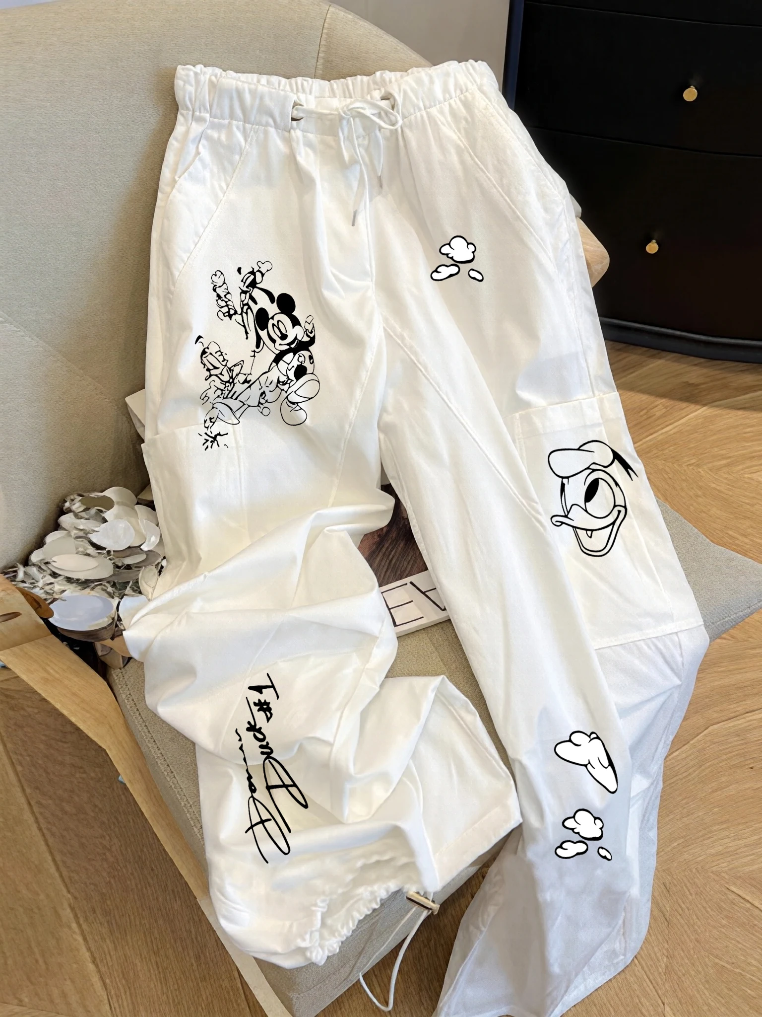 

Повседневные спортивные брюки с мультяшным принтом для мужчин и женщин, летние модные утягивающие брюки с широкими штанинами в корейском стиле, с естественной талией на резинке