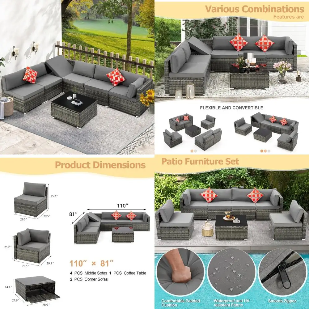 طقم أثاث فناء مكون من 7 قطع من الخيزران الرمادي مع دعامات قابلة للتعديل وأريكة مقطعية وطاولة لمنطقة المحادثة #1