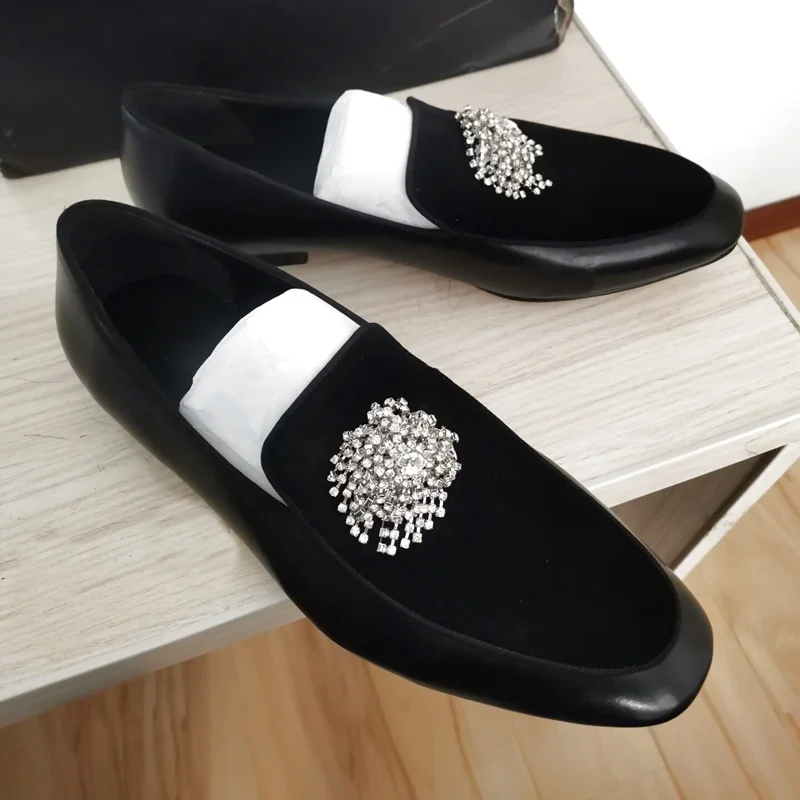 

Fashion Black Leather Suede Loafers Man Rhinestone Shoes Handmade Crystal Design Fringe Dress Shoes Men Party And Prom Shoes
