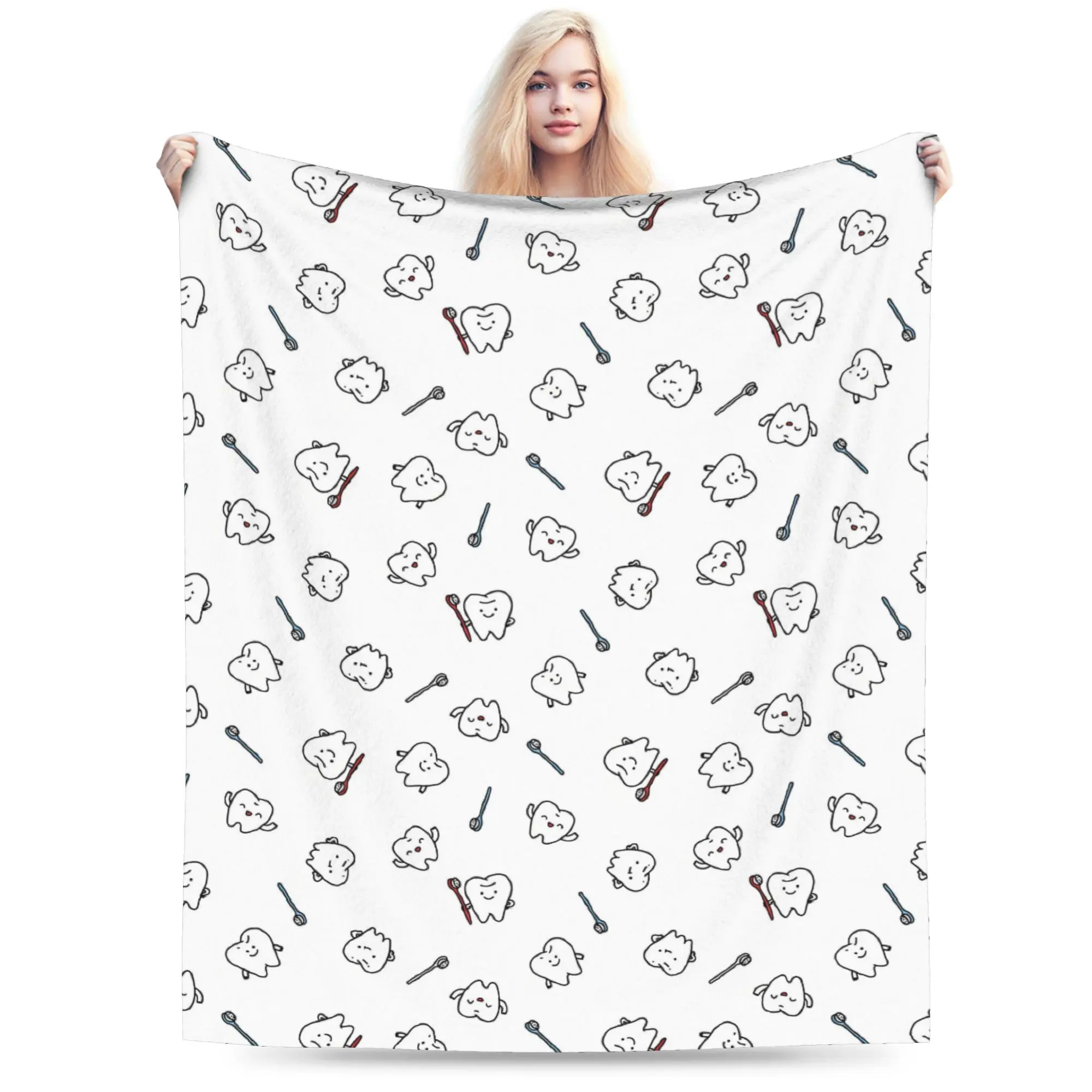Custom Teeth Tooth attern Blanket Soft Flannel Fleece Warm Care Dental Health Throw Blankets for Travel Bedroom Sofa Bedspreads