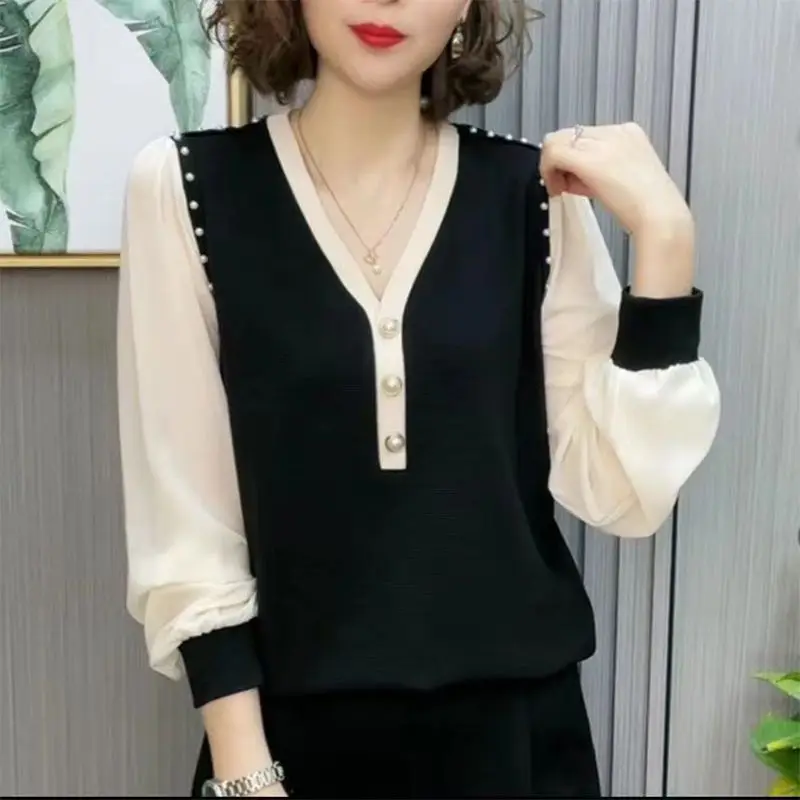 Women\'s Clothing Patchwork Elegant Chic Beaded Blouses Spring Autumn Fashion V Neck Long Sleeve Shirts Casual Loose Ladies Tops