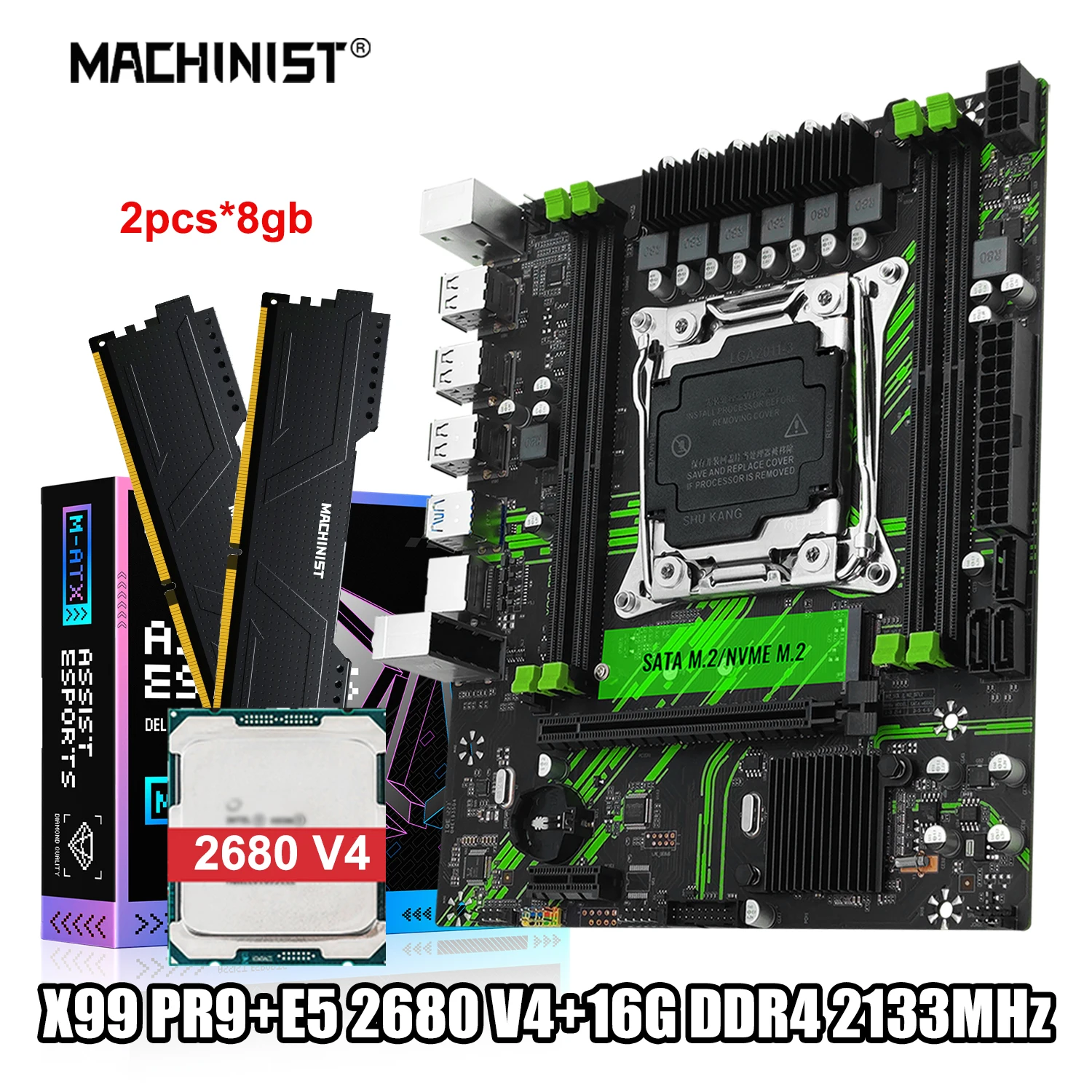

MACHINIST X99 PR9 Motherboard LGA 2011-3 Set Kit Xeon E5 2680 V4 CPU Processor with DDR4 2x8G=16G RAM Memory NAME SATA M.2 M-ATX