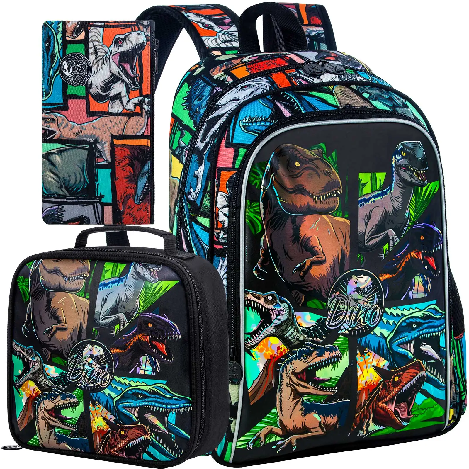 

3PCS Dinosaur Backpack for Boys, 16’‘ Kids Preschool Bookbags with Lunch Box, Cool Water Resistant School Backpacks