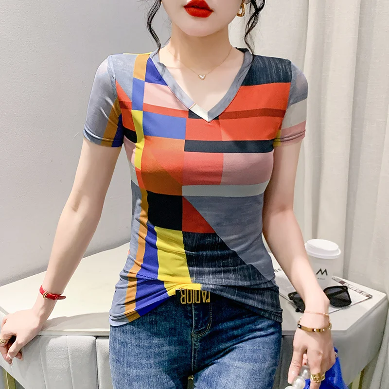 

#5423 Summer T Shirt Women V-neck Tight Tshirt Short Sleeve Korean Style Sexy Streetwear Hip Ho T Shirt Slim Short Mesh Elastic