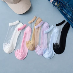 6 Paar Neuankömmlinge Frauen Socken Frühling Sommer Blume Spitze kurze Socken weiche Seide dünne transparente Socken solide süße Knöchel Socken