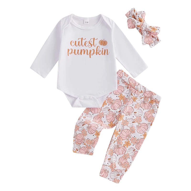 

Baby Girls Halloween Set Letter Print Long Sleeve Romper Pumpkin Print Long Pants Hair Band Outfits