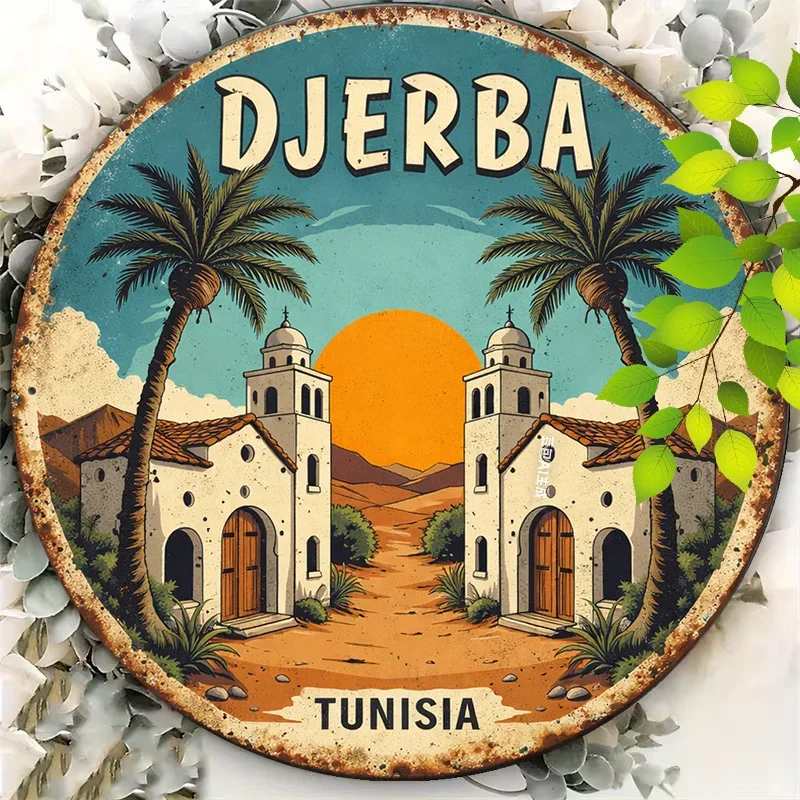2D Flat,1pc Suitable for Tunisia-Themed Decor Round Sign - Vintage Djerba Tunisia Wall Plaque, African Travel Souvenir for, Cafe