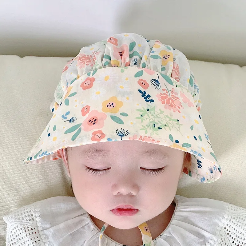 Cute Baby Girls Sunhat For 3-20M New Summer Thin Print Princess Bucket Hats Sunshade Peaked Cap Outdoor Palace Hat Korean Style