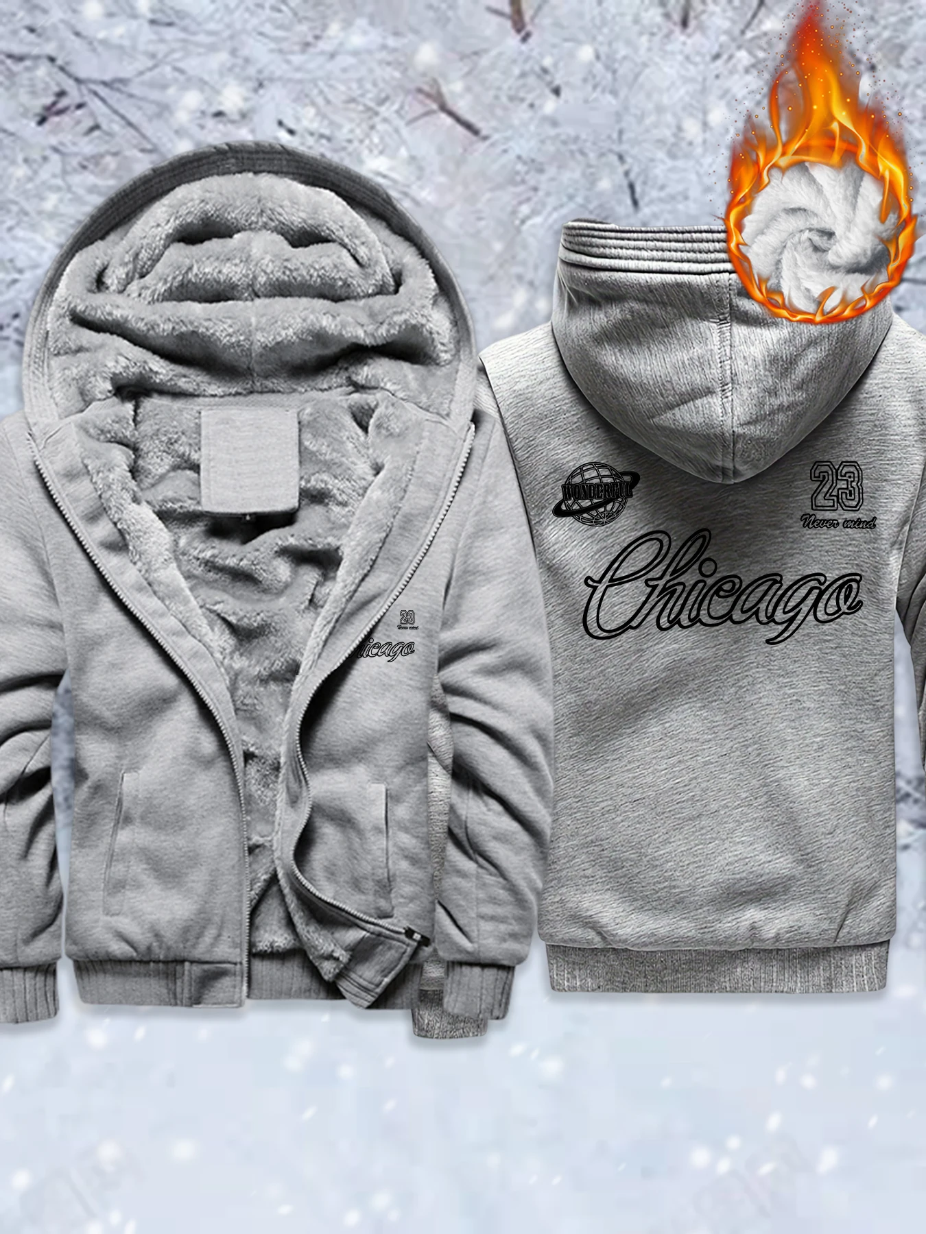

Chicago Number 23 Prints Men'S Hooded Jacket Winter Warm Hoodies Fleece Heavyweight Streetwear Fashion Thick Casual Coat