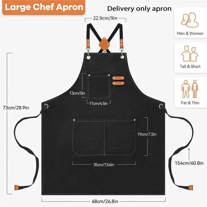 Chef Apron for Men, Heavy Duty Cotton Canvas Apron Cross Back Apron with Adjustable Straps and Pockets Black