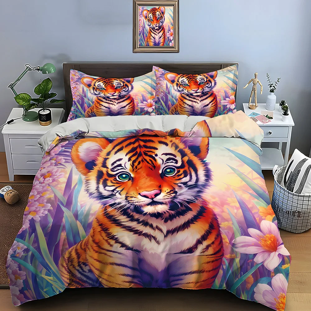 

Cute tiger cub in vibrant flowers Print Soft Comfortable Duvet Cover Bedding Set Included 1*Duvet Cover 2*Pillowcases