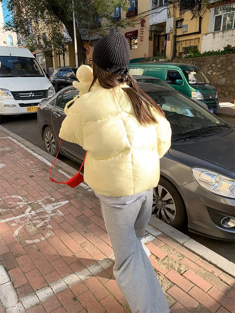 Women's Velvet down Jaet Winter New Sle Small Size Thi Warm Bread Sle Light Yellow Stand Collar Commuter Sle Straig...