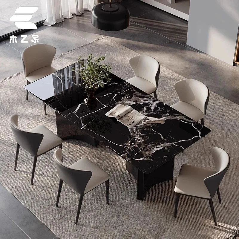 LTT natural black rose luxury stone dining table light luxury household rectangular marble dining table and chair combination