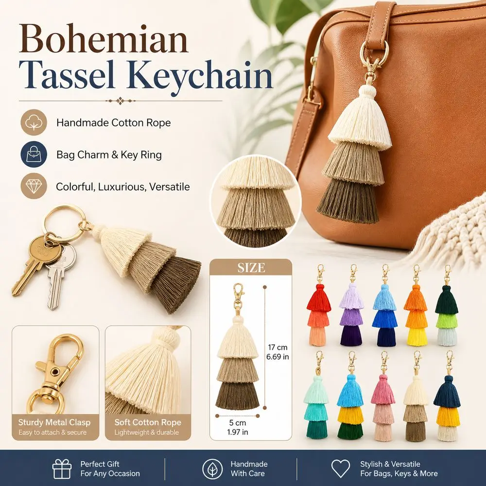 New Bohemian Tassel Keychain Multicolor Handmade Bag Charm Luxurious Triple Layer Car Key Ring Backpack Decoration