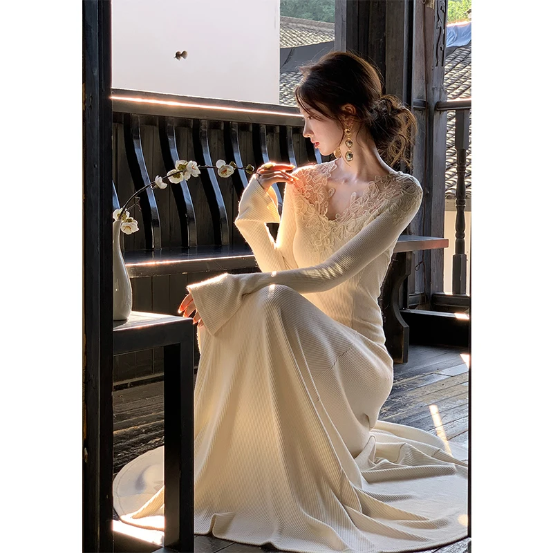 MEXZT Spitze Gestrickte Lange Kleid Frauen Mode Elegante Party Maxi Kleider Koreanische V-ausschnitt Robe Winter Langarm Bodycon Vestidos